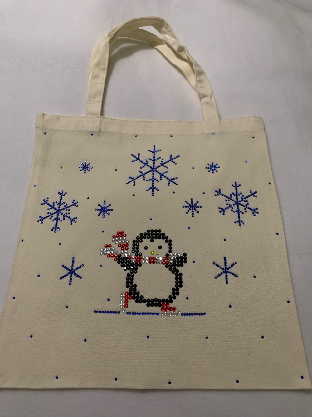 Handcrafted Rhinestone Holiday Penguin Tote Bag
Size 15” x 15”